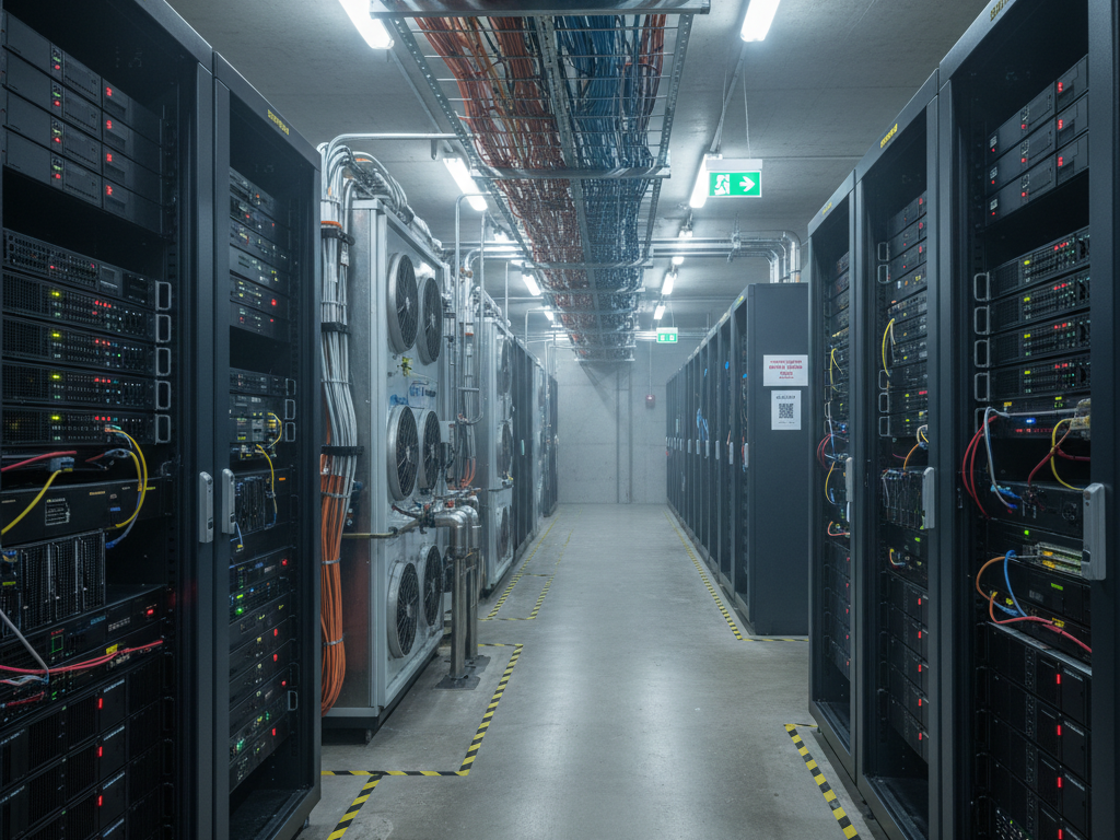 A data center aisle with tall server racks on both sides and colorful cables overhead between ceiling trays.