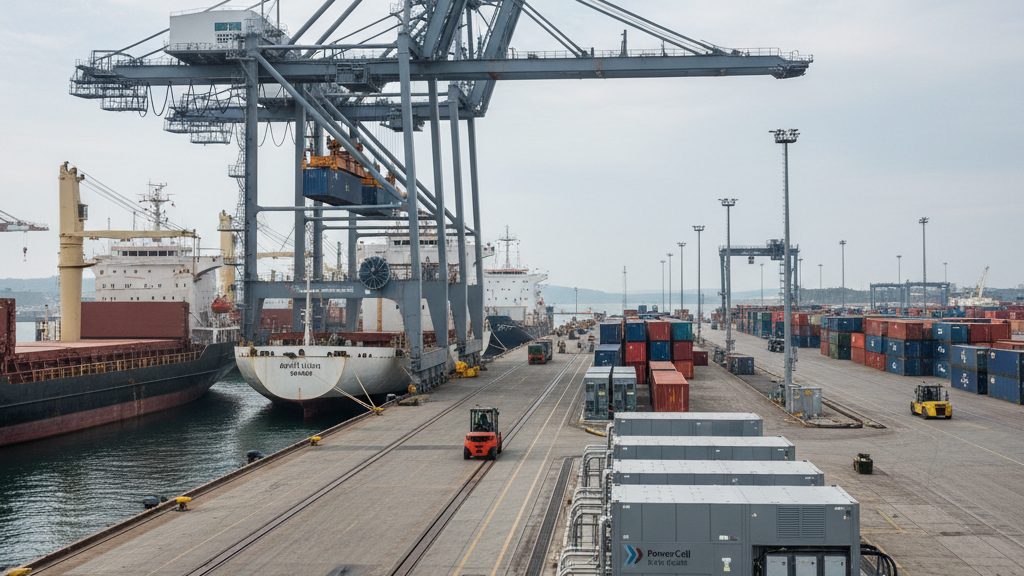Large port crane towering over a container ship at a busy dockyard, with stacked shipping containers and work vehicles nearby.