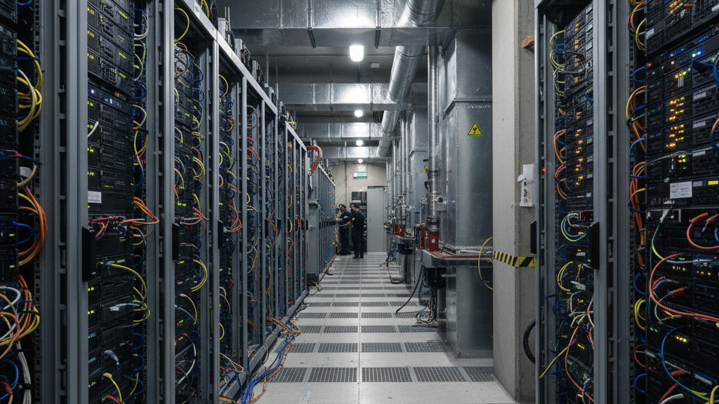 Data center corridor with tall server racks on both sides, colorful cables, and technicians visible in the distance.