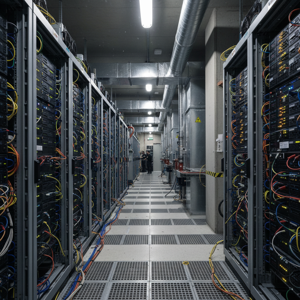 Data center corridor with tall server racks on both sides, colorful cables, and technicians visible in the distance.