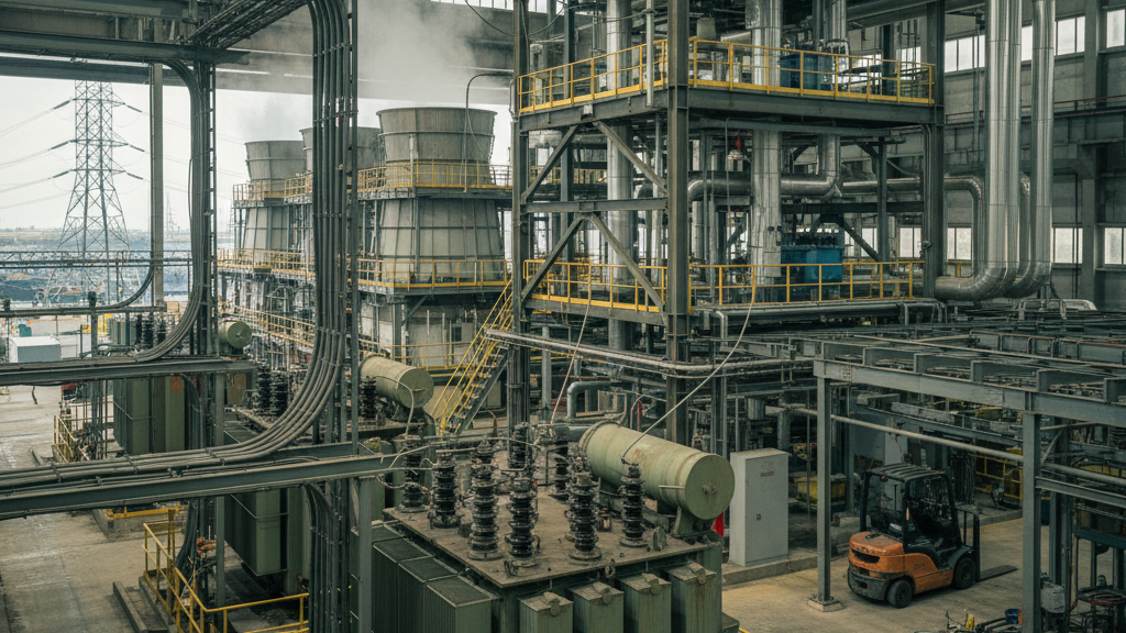 Industrial factory interior with large piping, platforms, and heavy machinery including a transformer-like unit in the foreground and a forklift nearby