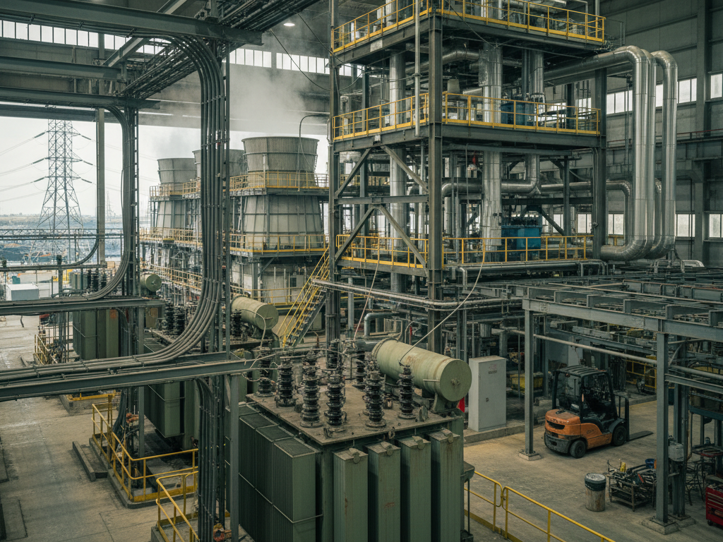 Industrial factory interior with large piping, platforms, and heavy machinery including a transformer-like unit in the foreground and a forklift nearby