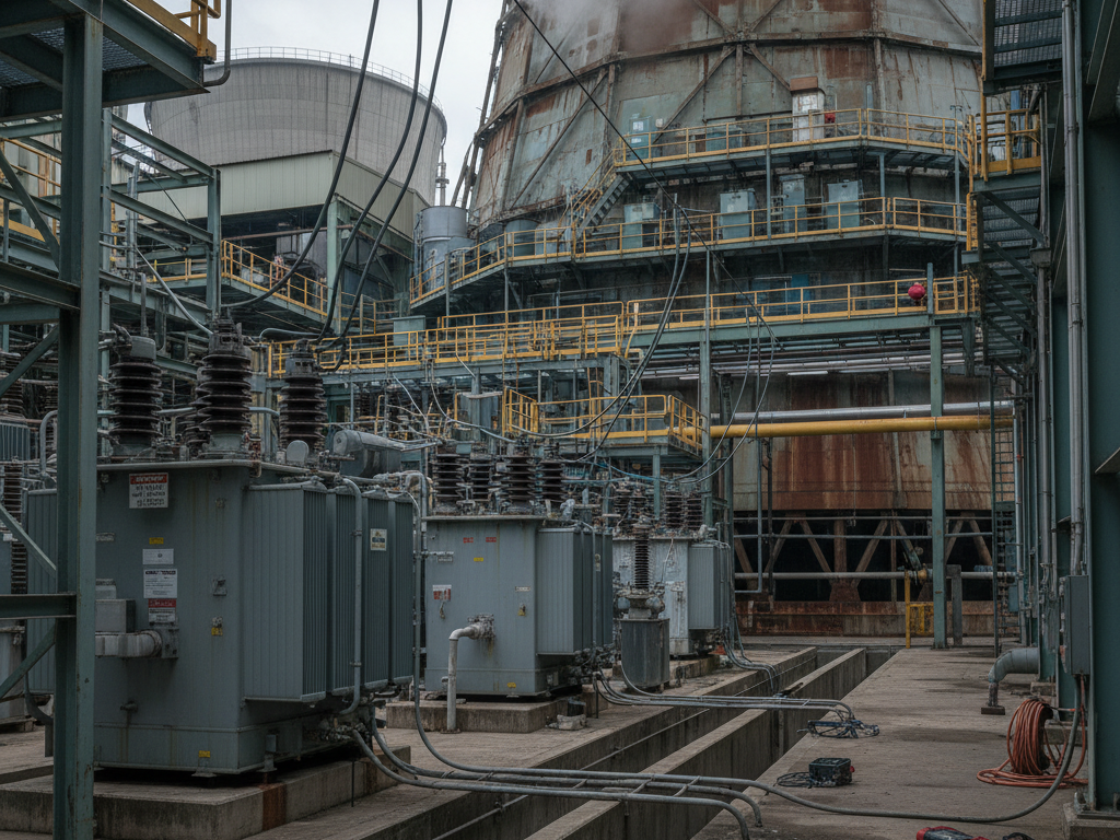 Industrial power plant exterior with large transformers, steel walkways with yellow railings, and numerous pipes; steam rises from a tall, rusted structure in the background.
