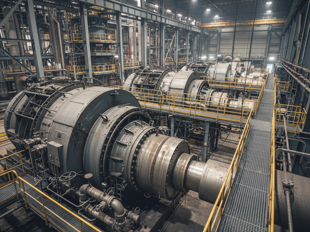 Industrial plant interior with large cylindrical turbines, steel framework, and yellow safety railings.