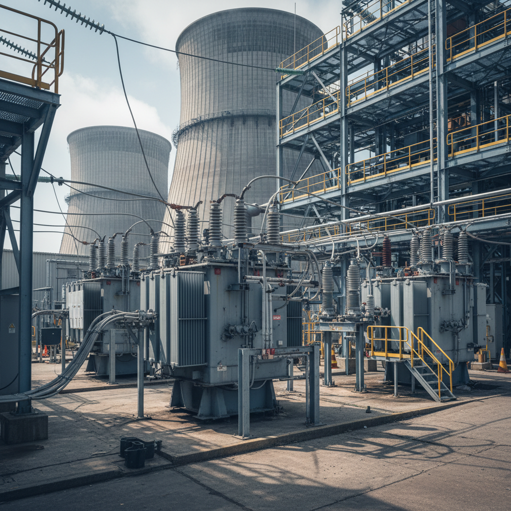 Outdoor electrical substation with large transformers, insulators, and overhead wiring; cooling towers visible in the background.
