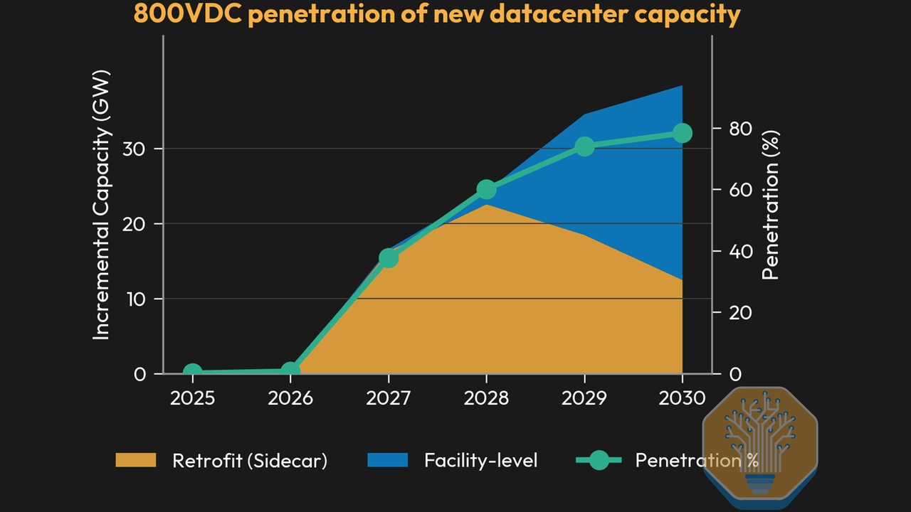 Chart showing 800VDC penetration of new datacenter capacity from 2025 to 2030. It stacks Retrofit (orange) and Facility-level (blue) capacity, with a green penetration rate line reaching about 60–80% by 2030. Title: '800VDC penetration of new datacenter capacity'.