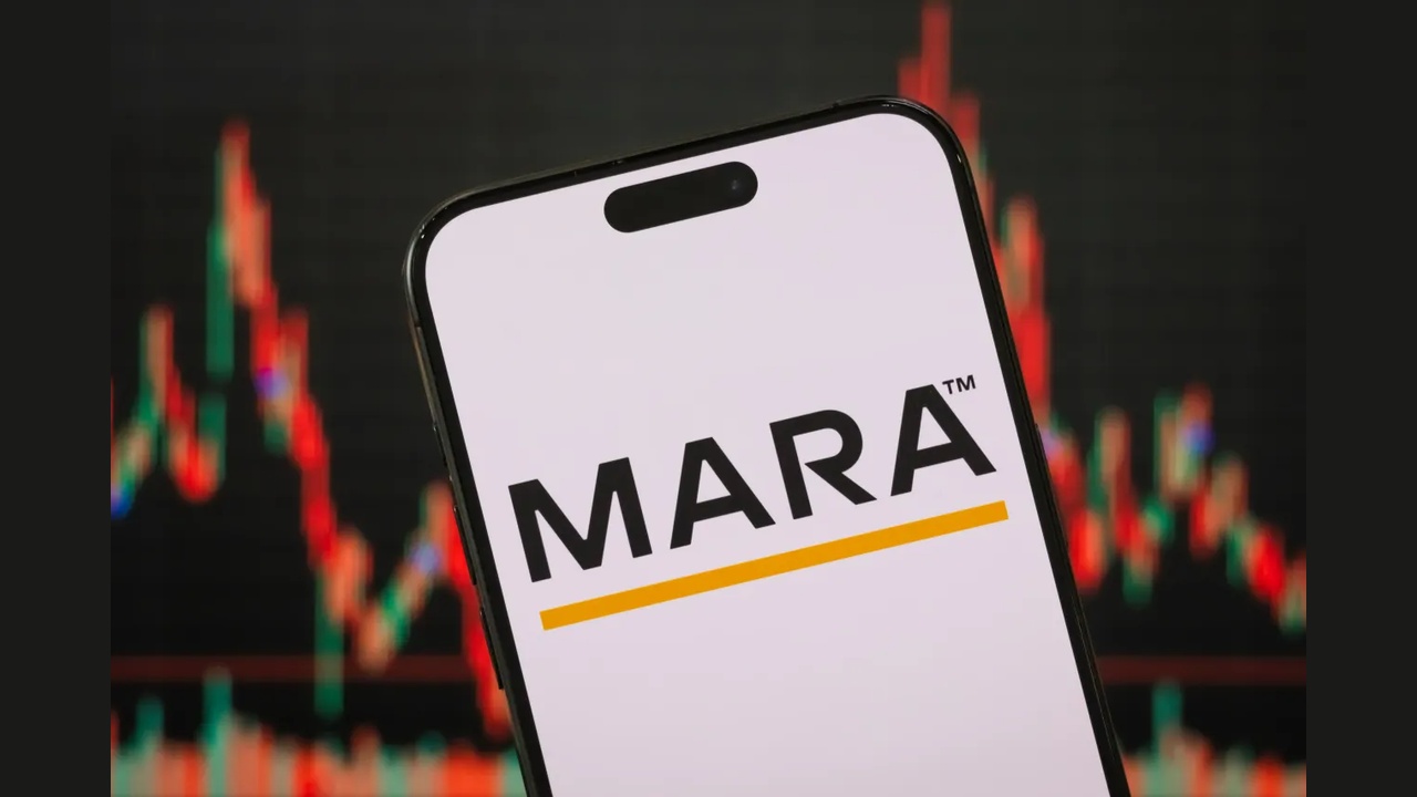 Smartphone screen displaying the MARA logo with an orange underline, against a blurred financial chart background.