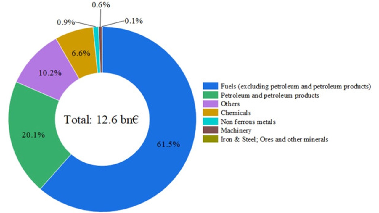 Donut chart of total 12.6 bn€ by category: fuels 61.5%; petroleum and petroleum products 20.1%; others 10.2%; chemicals 6.6%; nonferrous metals 0.9%; machinery 0.6%; iron & steel; ores and other minerals 0.1%.