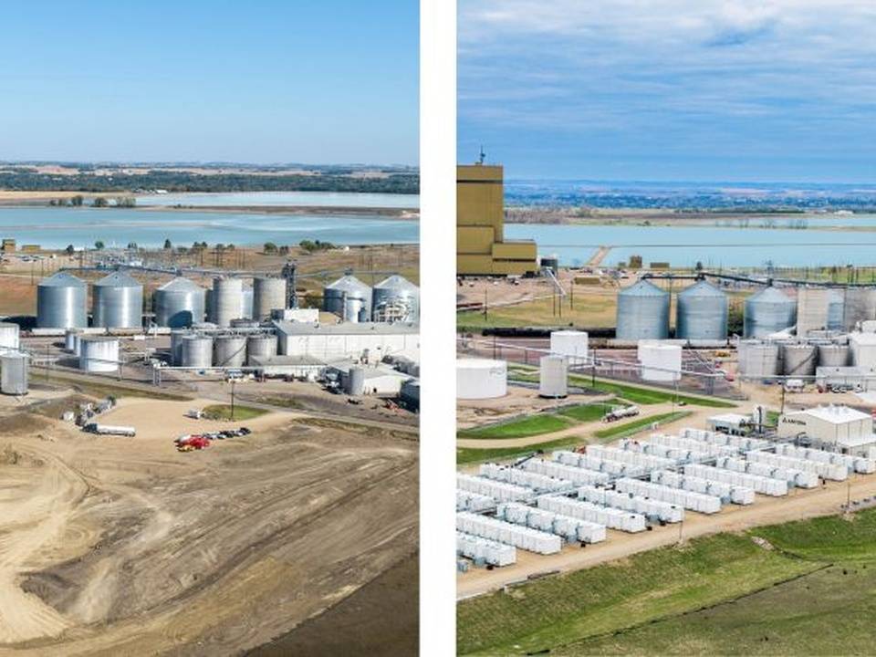 Split-view of an industrial plant: left shows dirt layout and silos, right shows finished tanks and white storage blocks by a lake.