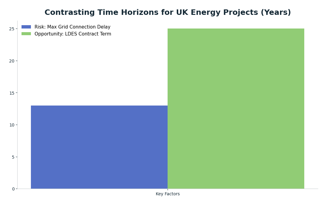 Bar chart: Contrasting Time Horizons for UK Energy Projects (Years) — series: Risk: Max Grid Connection Delay, Opportunity: LDES Contract Term