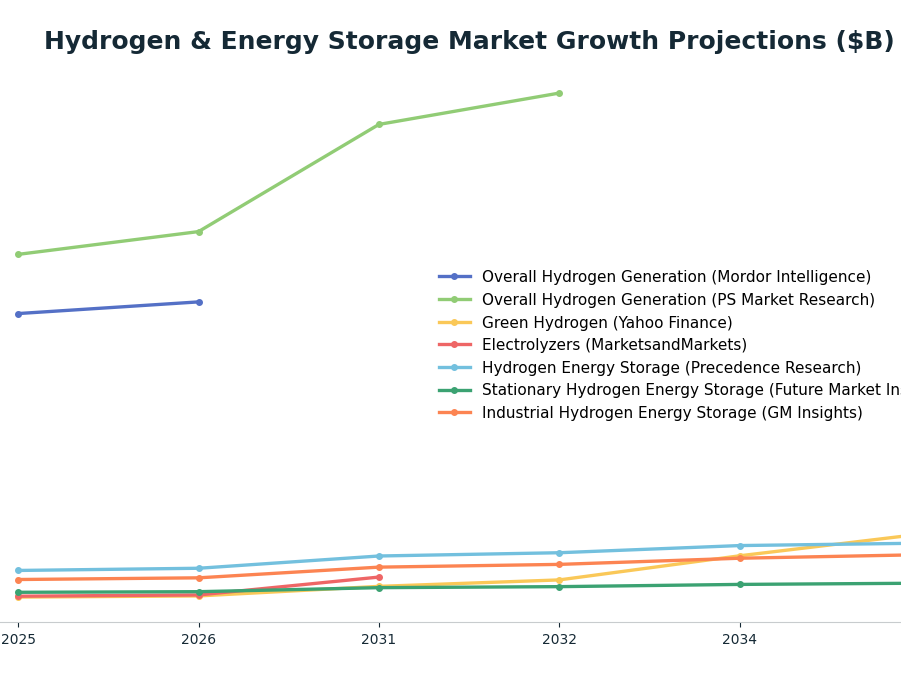 Line chart: Hydrogen & Energy Storage Market Growth Projections ($B) — series: Overall Hydrogen Generation (Mordor Intelligence), Overall Hydrogen Generation (PS Market Research), Green Hydrogen (Yahoo Finance), Electrolyzers (MarketsandMar