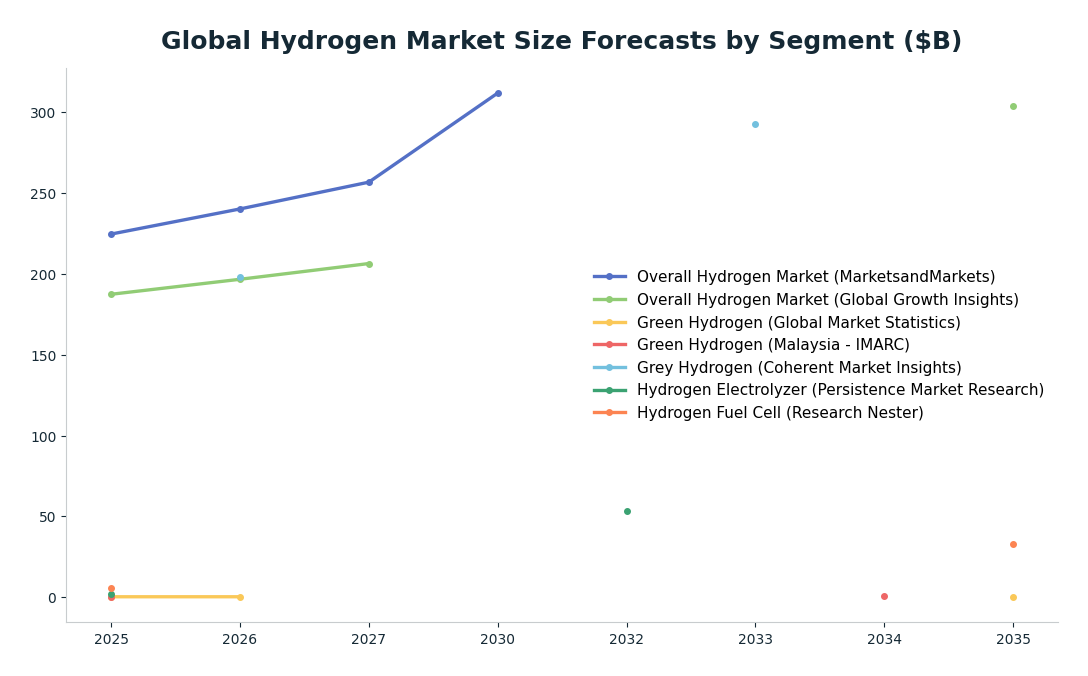 Line chart: Global Hydrogen Market Size Forecasts by Segment ($B) — series: Overall Hydrogen Market (MarketsandMarkets), Overall Hydrogen Market (Global Growth Insights), Green Hydrogen (Global Market Statistics), Green Hydrogen (Malaysia -