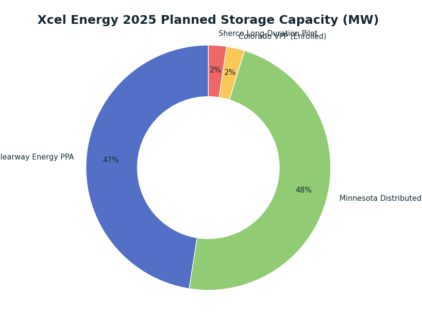 Pie chart: Xcel Energy 2025 Planned Storage Capacity (MW) — series: Storage Capacity