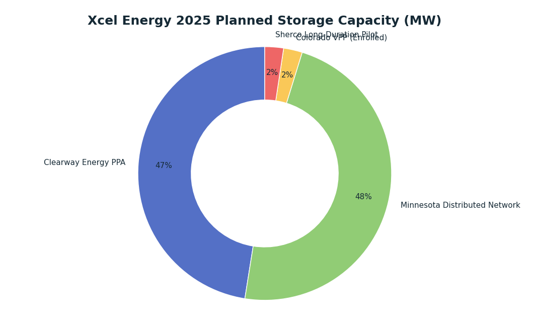 Pie chart: Xcel Energy 2025 Planned Storage Capacity (MW) — series: Storage Capacity