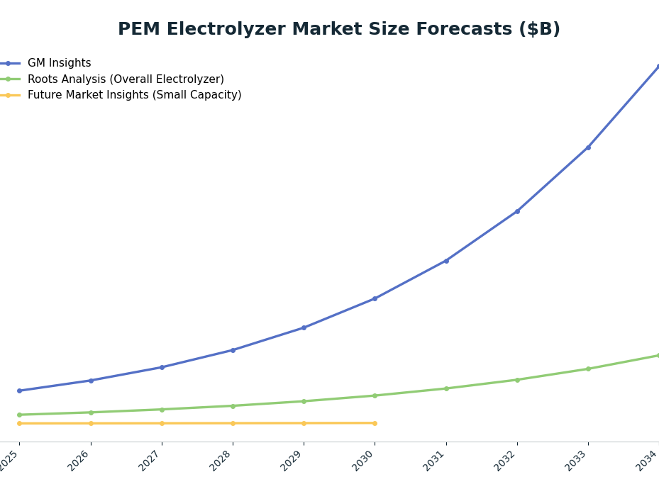 Line chart: PEM Electrolyzer Market Size Forecasts ($B) — series: GM Insights, Roots Analysis (Overall Electrolyzer), Future Market Insights (Small Capacity)